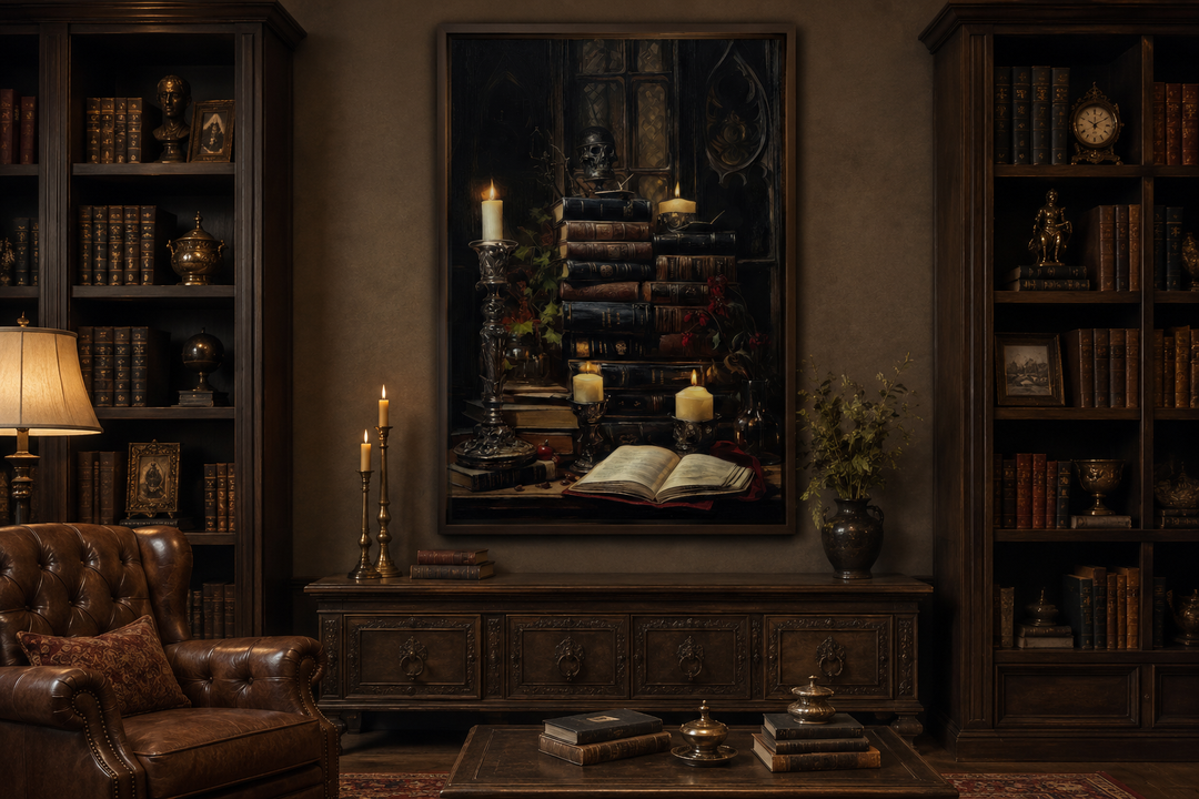 Gothic wall art of vintage books and candles in a dark academia library setting.