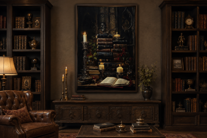 Gothic wall art of vintage books and candles in a dark academia library setting.