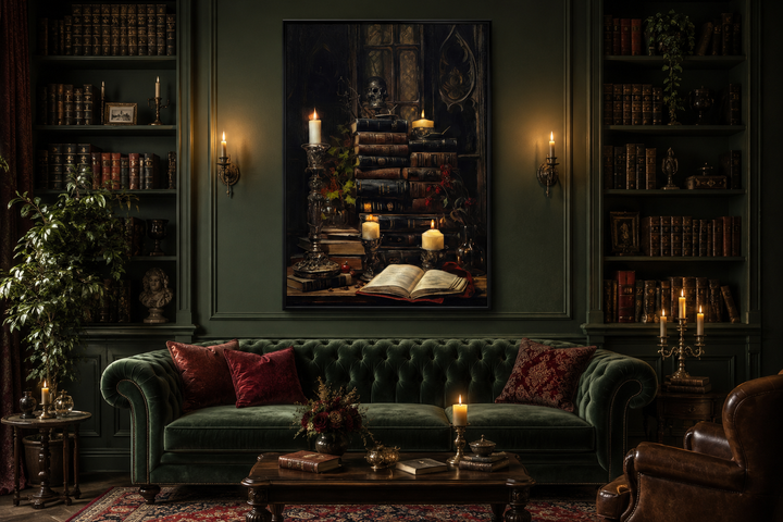 Gothic wall art of vintage books and candles in a dark academia library with a green velvet sofa.