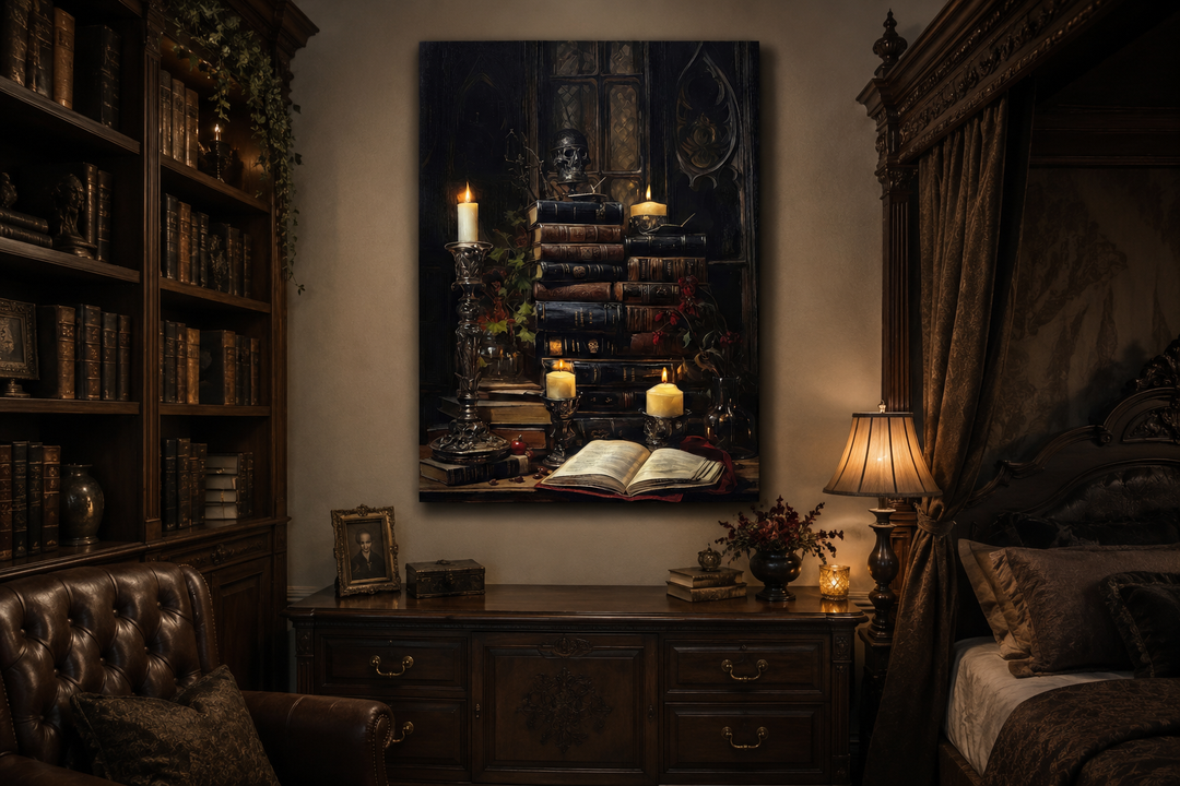 Gothic wall art of vintage books and glowing candles in a dark academia library setting.