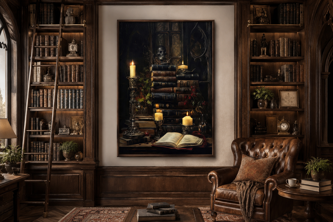 Gothic library wall art featuring vintage books and glowing candles in a dark academia study.