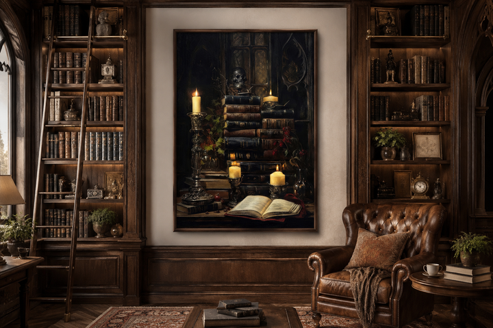 Gothic library wall art featuring vintage books and glowing candles in a dark academia study.