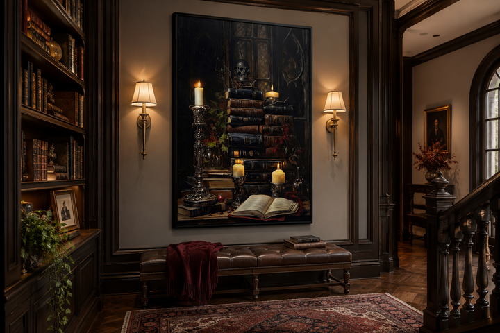 Gothic wall art of vintage books and candles in a dark academia library setting.