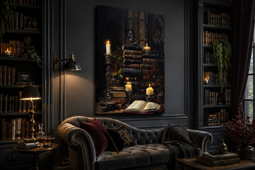 Gothic library wall art featuring a stack of vintage books and glowing candles above a grey sofa.
