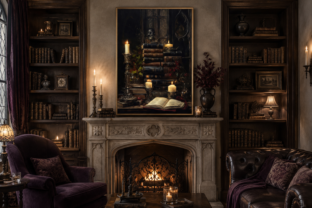 Gothic library wall art featuring vintage books and candles above a fireplace in a cozy room.