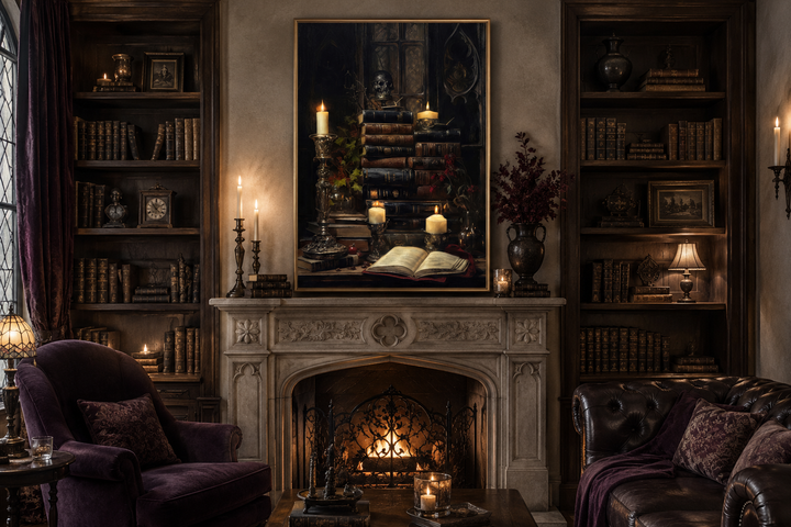 Gothic library wall art featuring vintage books and candles above a fireplace in a cozy room.