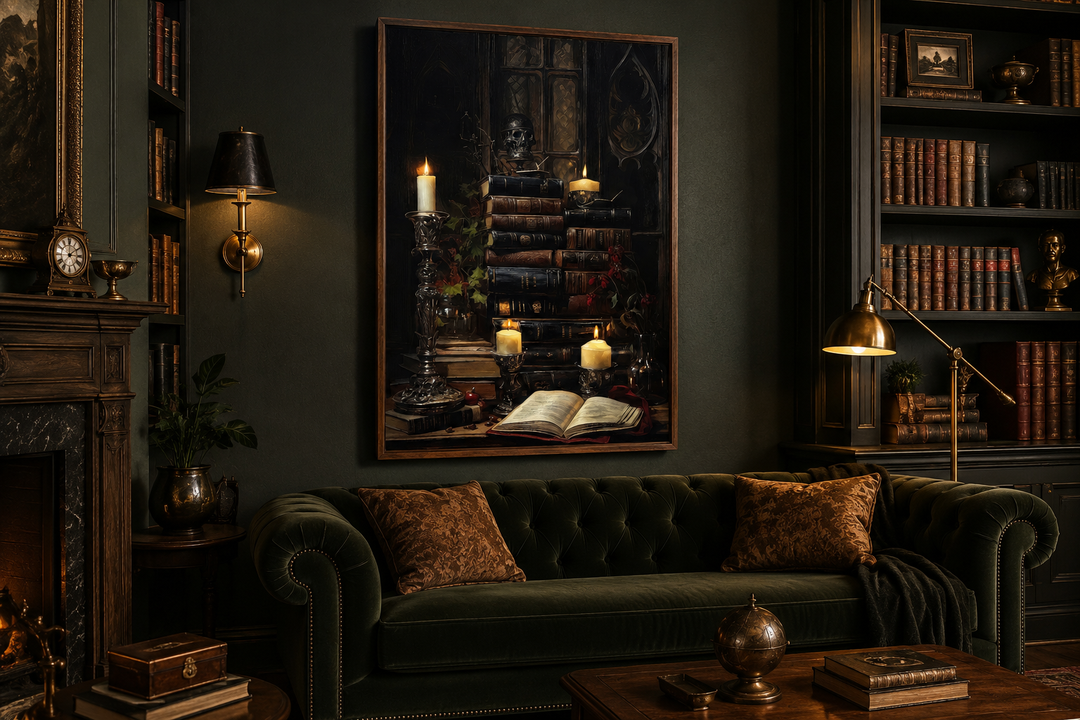Vintage books with candles gothic library wall art in a dark academia living room setting.