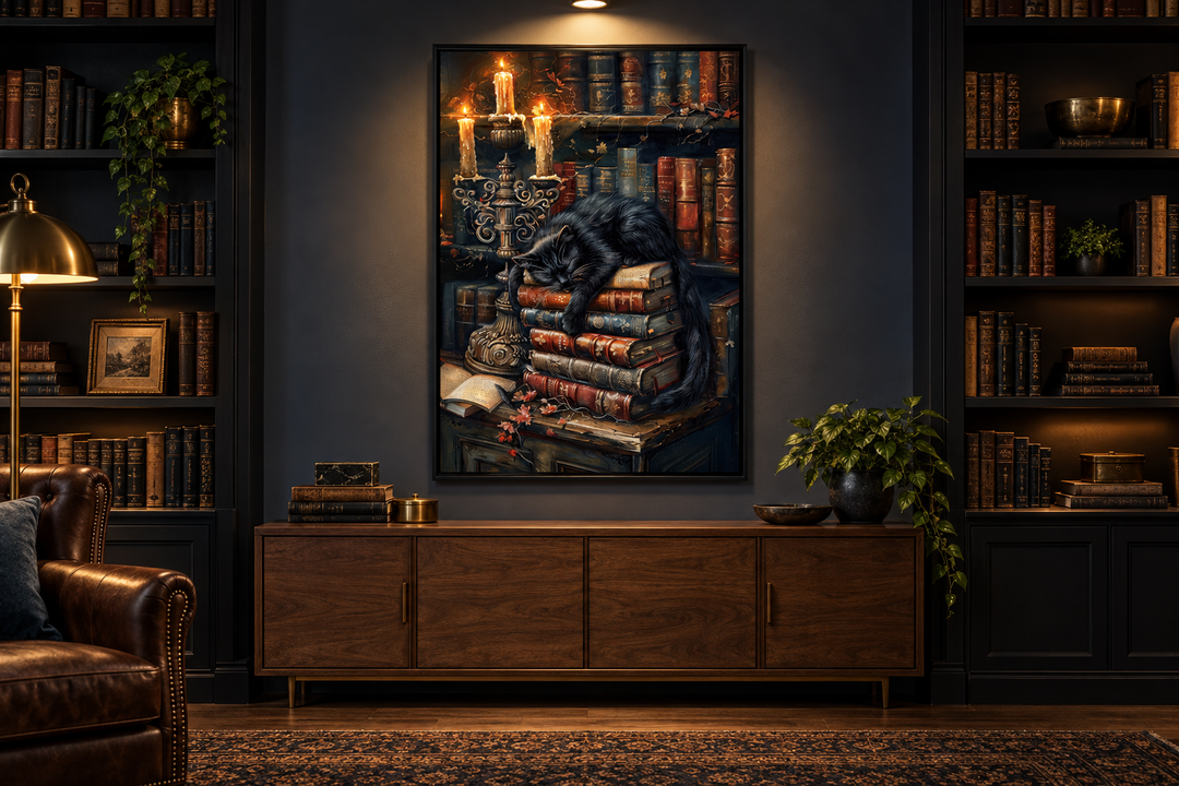 Gothic wall art of a black cat sleeping on vintage books by candlelight in a dark library.
