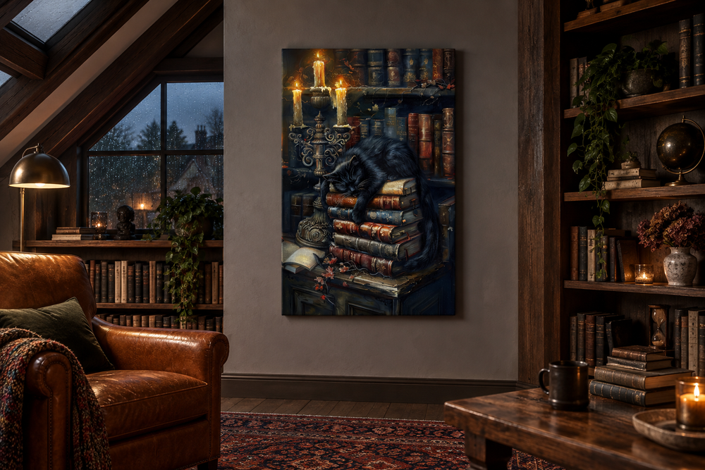 Gothic wall art of a black cat sleeping on vintage books by candlelight in a dark library setting.