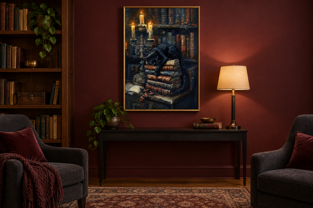 Gothic wall art of a black cat on vintage books in a mystical library, framed above a black console.