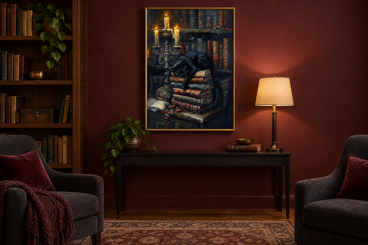 Gothic wall art of a black cat on vintage books in a mystical library, framed above a black console.