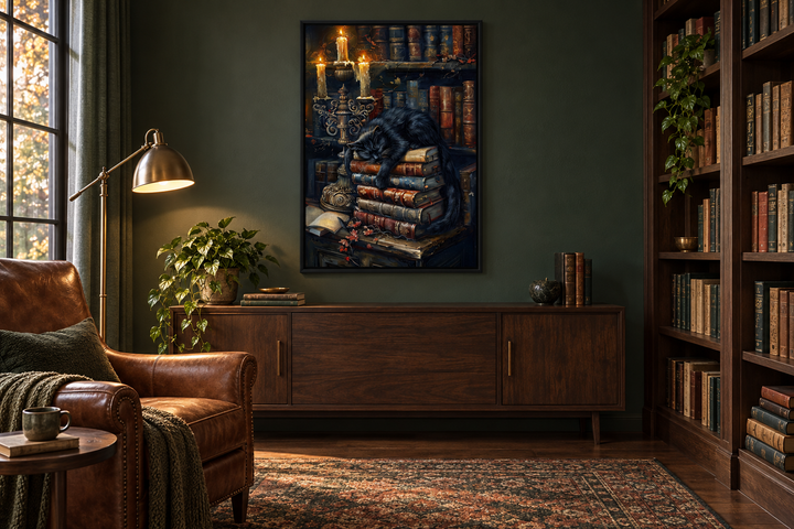 Framed gothic wall art of a black cat sleeping on vintage books by candlelight in a dark library.