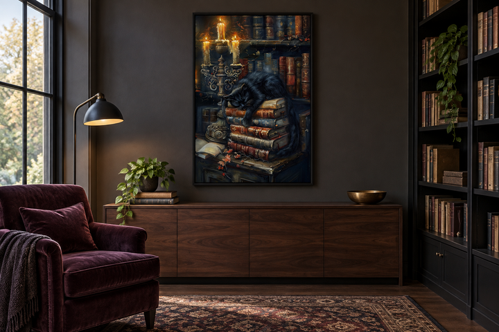 Gothic wall art of a black cat on vintage books by candlelight in a dark academia room.