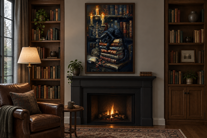 Gothic wall art of a black cat on vintage books by candlelight, framed above a fireplace.