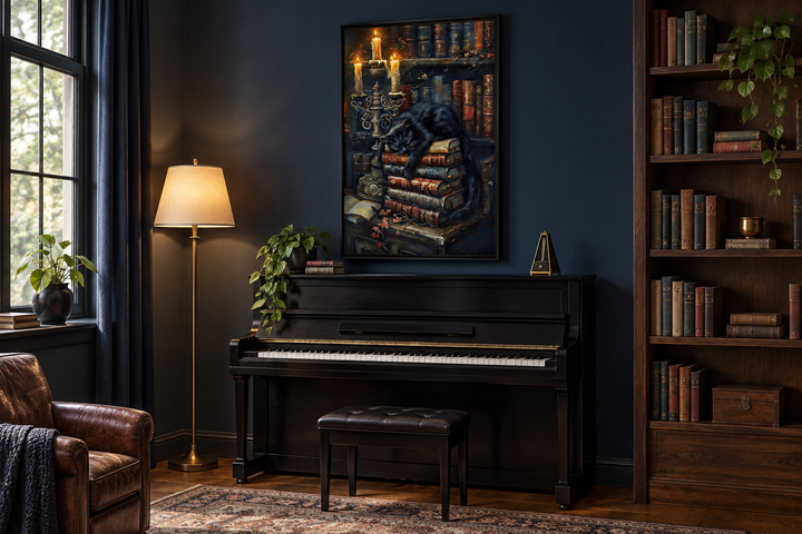 Gothic wall art of a black cat on vintage books and candles, hanging above a black piano.