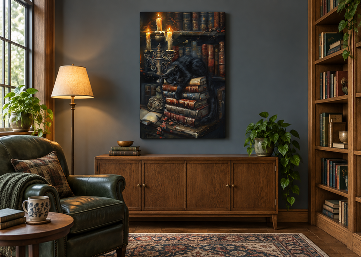 Gothic wall art of a black cat on vintage books in a library, hanging in a dark academia room.
