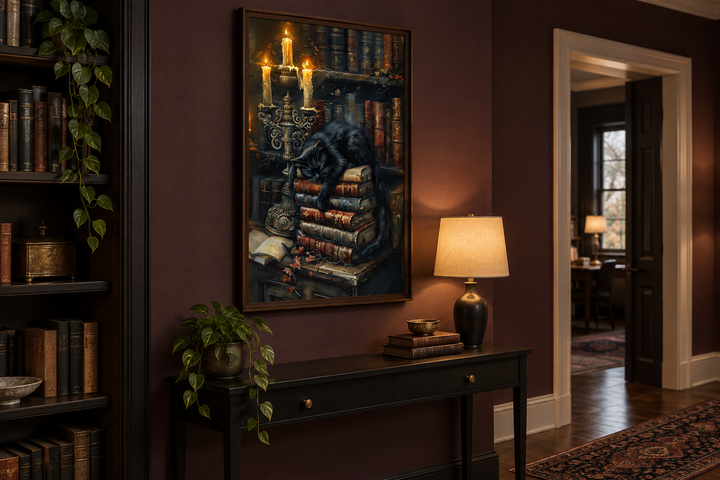 Gothic wall art of a black cat sleeping on vintage books by candlelight in a dark library setting.