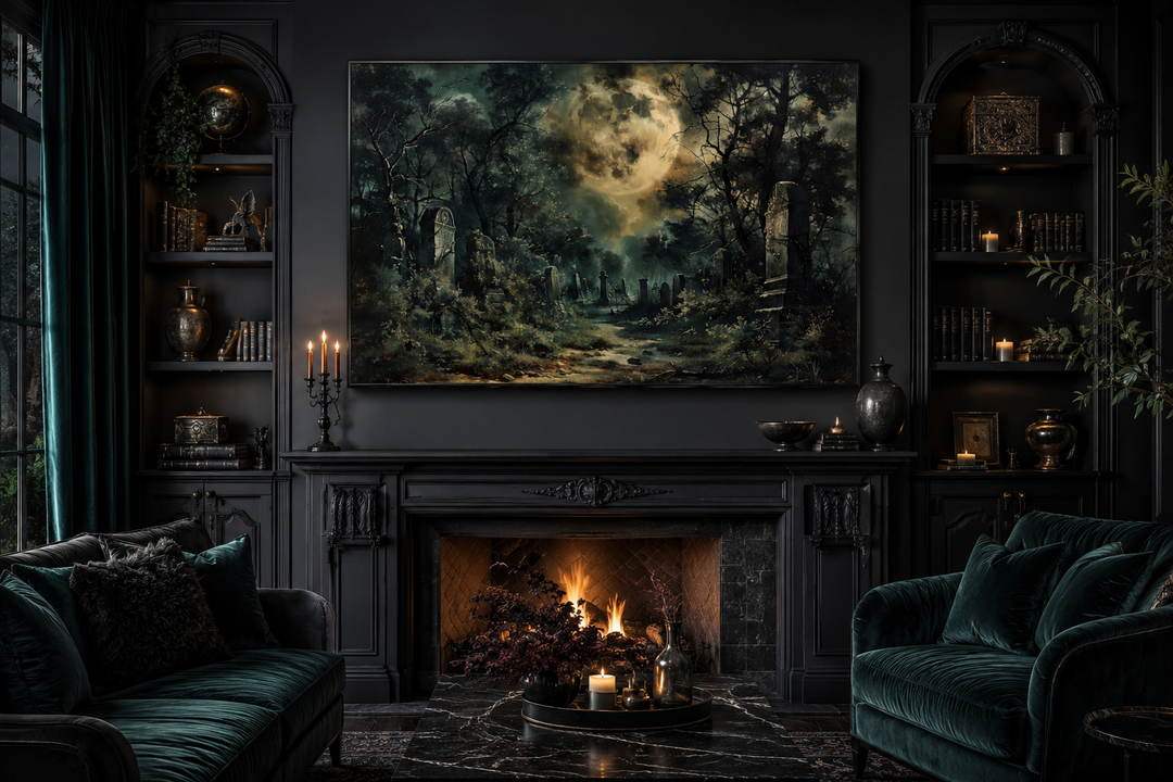 Haunted cemetery canvas wall art with a full moon above a dark graveyard in a gothic living room.