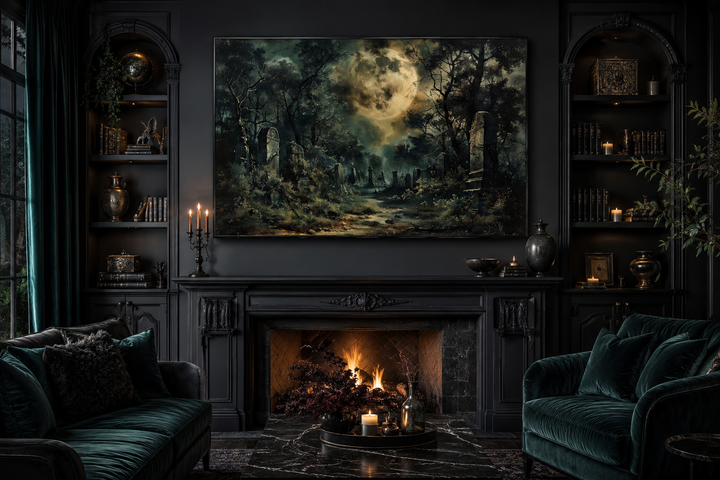 Haunted cemetery canvas wall art with a full moon above a dark graveyard in a gothic living room.