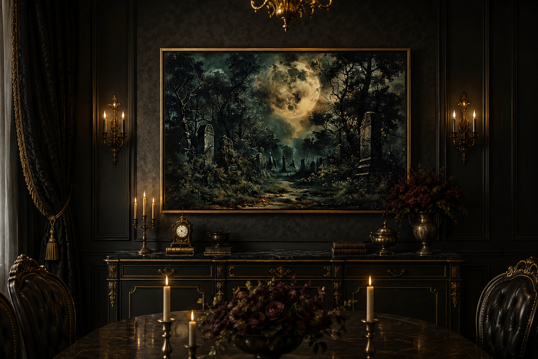 Haunted cemetery canvas wall art with a full moon in a gold frame above a dark sideboard.
