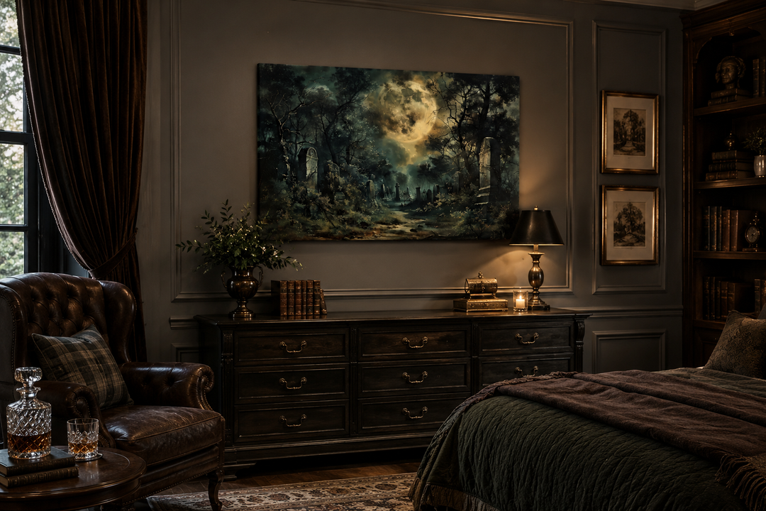 Haunted cemetery under a full moon framed canvas wall art hanging above a dark wood dresser.