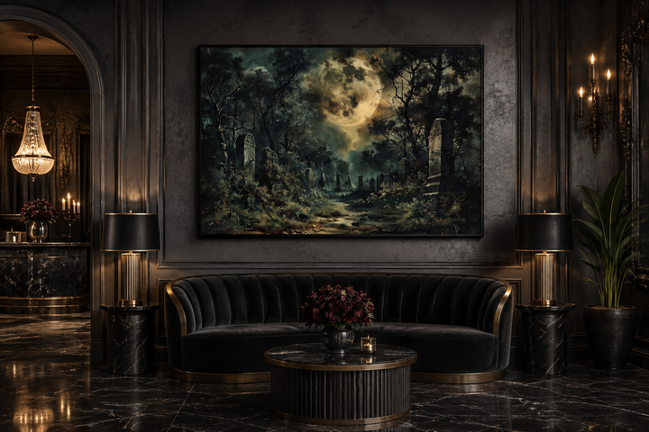Haunted cemetery framed canvas wall art featuring a full moon over a graveyard in a dark room.