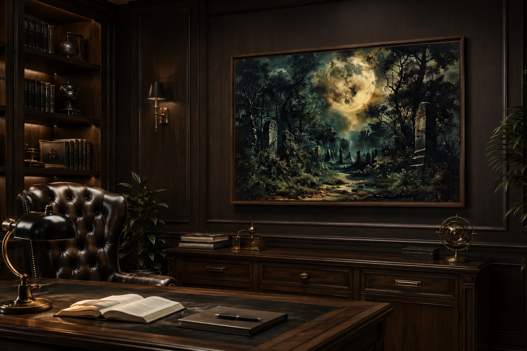 Framed canvas wall art of a haunted cemetery under a full moon in a dark wood-paneled office.