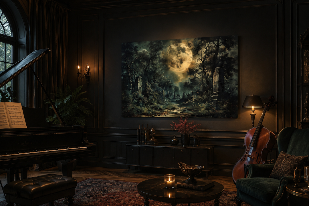 Haunted cemetery canvas wall art featuring a full moon over a graveyard in a dark gothic room.