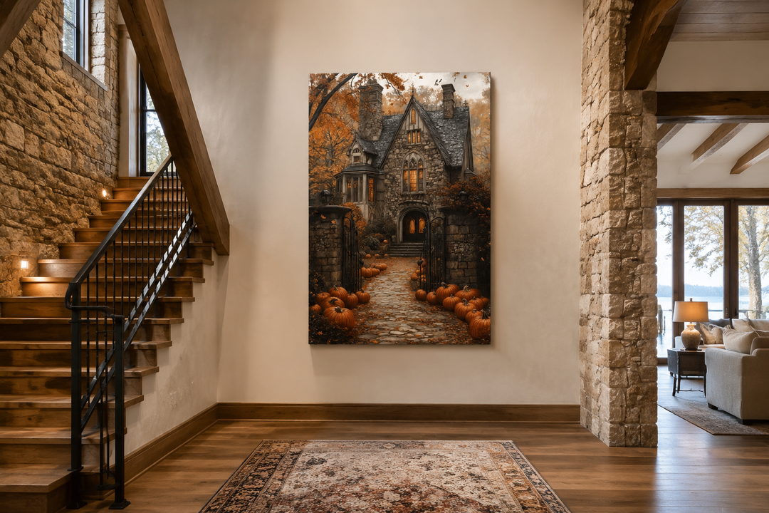 Haunted House and Pumpkin Path Halloween canvas art displayed in a rustic stone entryway.