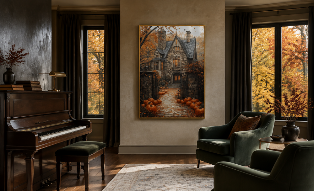 Vertical canvas art of a gothic haunted house with a pumpkin-lined path in a moody living room.