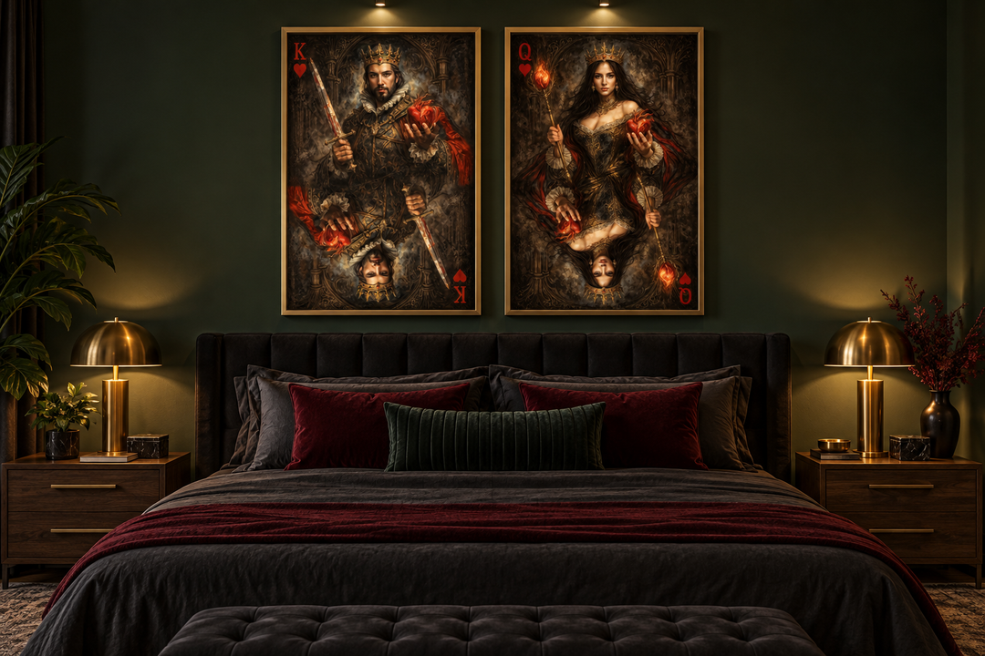 Gothic King and Queen of Hearts playing card wall art set displayed above a dark velvet bed.