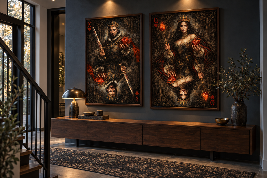 Gothic King and Queen of Hearts playing card canvas prints displayed on a dark wall in a home.