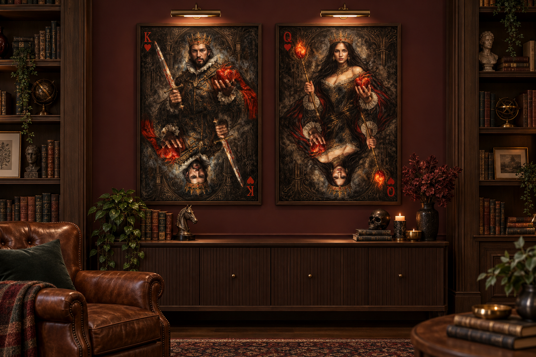 Gothic King and Queen of Hearts playing card wall art set displayed in a dark, moody library.