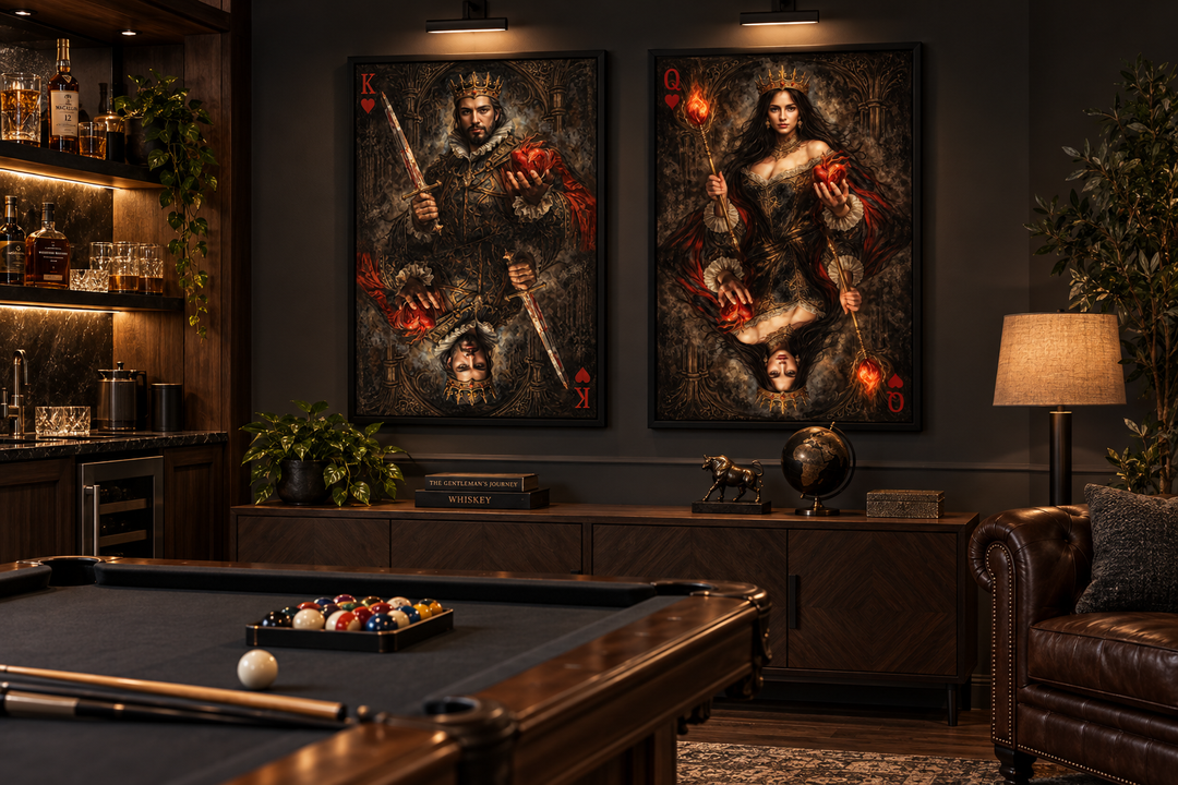 Gothic King and Queen of Hearts playing card wall art set displayed in a dark, moody game room.