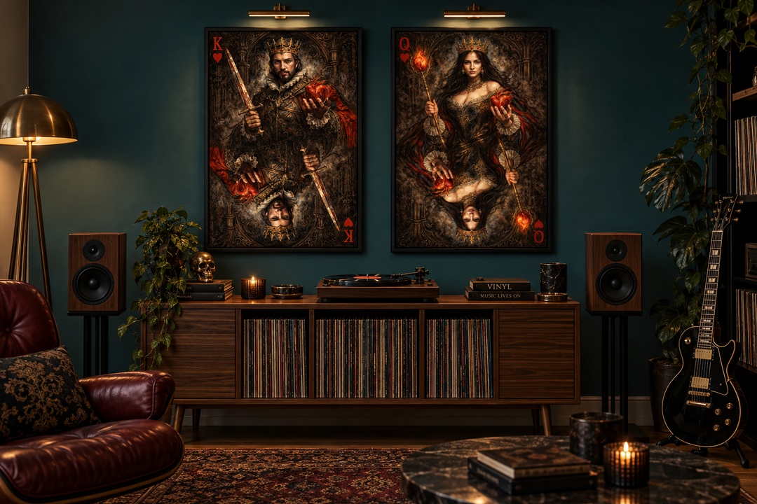 Gothic King and Queen of Hearts wall art set of 2 displayed in a moody, dark-toned music room.