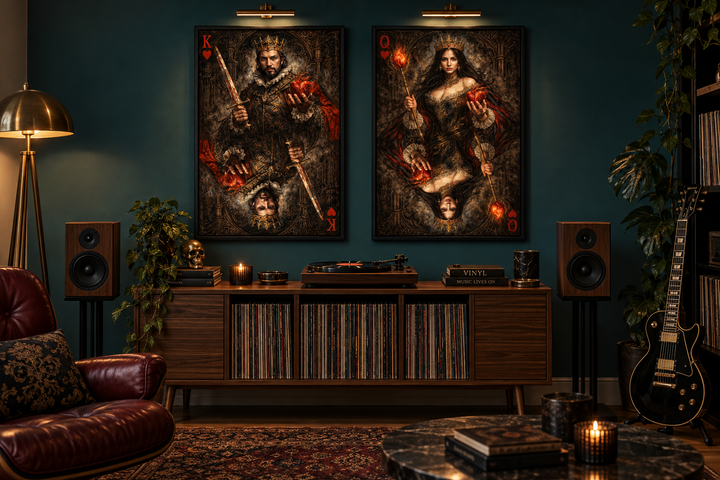 Gothic King and Queen of Hearts wall art set of 2 displayed in a moody, dark-toned music room.