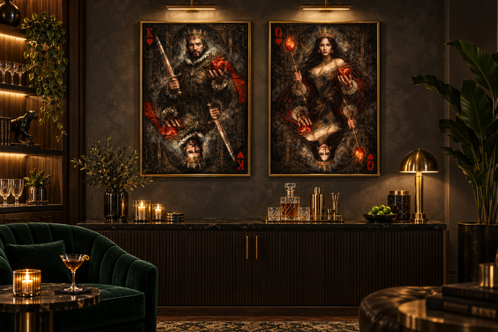 Gothic King and Queen of Hearts playing card wall art set displayed in a dark, moody room.