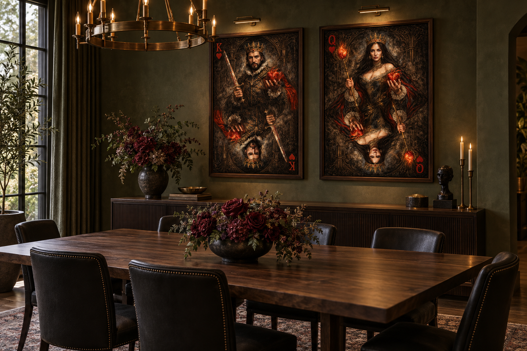 Set of 2 gothic King and Queen of Hearts canvas prints displayed in a dark, elegant dining room.