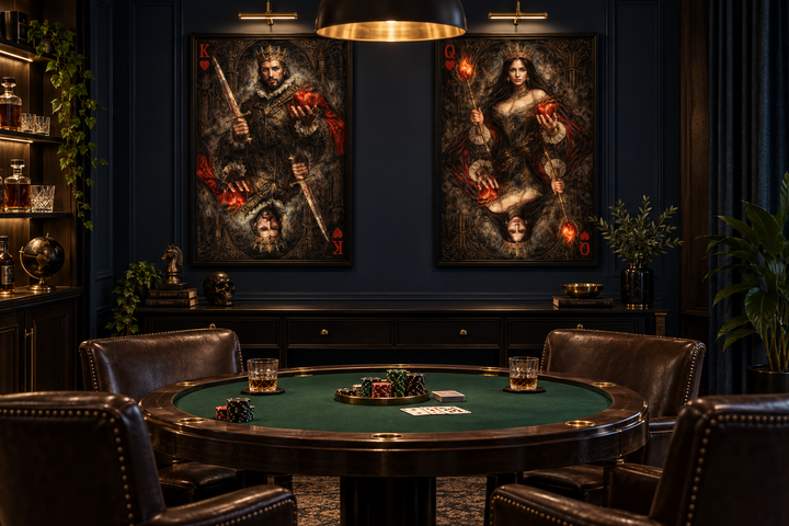 Gothic King and Queen of Hearts canvas prints displayed in a dark, moody game room above a poker table.