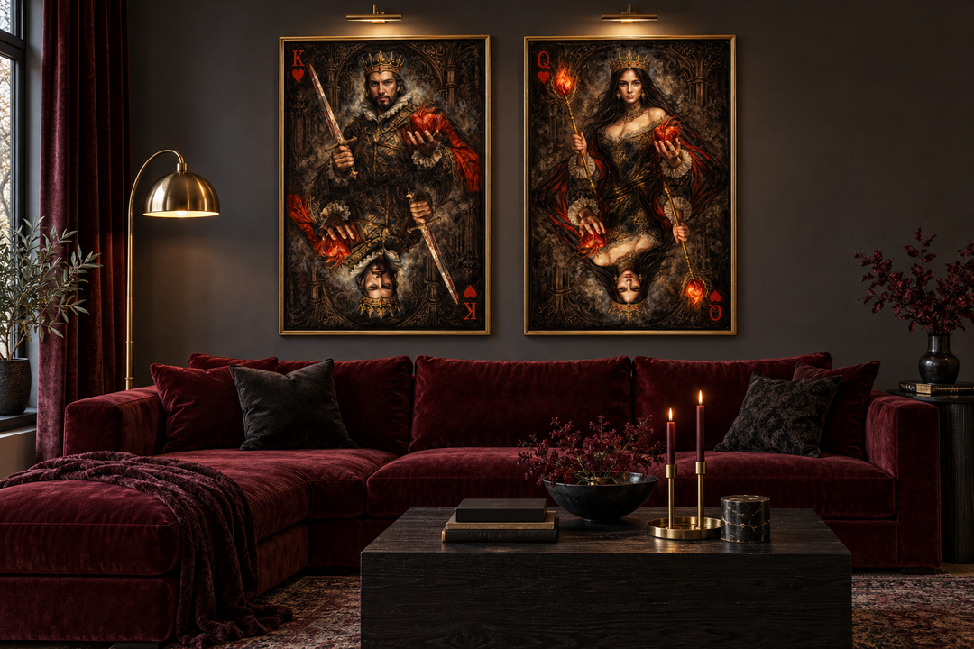 Gothic King and Queen of Hearts playing card wall art set displayed above a velvet sofa.