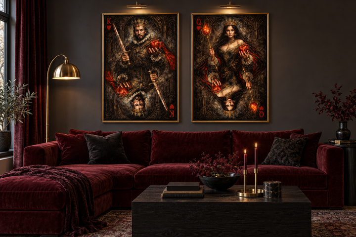 Gothic King and Queen of Hearts playing card wall art set displayed above a velvet sofa.