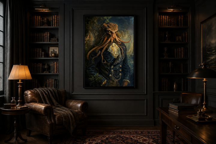 Gothic Victorian Kraken portrait in a dark academia study with leather chairs and bookshelves.