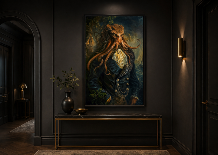 Gothic Victorian Kraken portrait framed canvas wall art in a dark academia hallway setting.