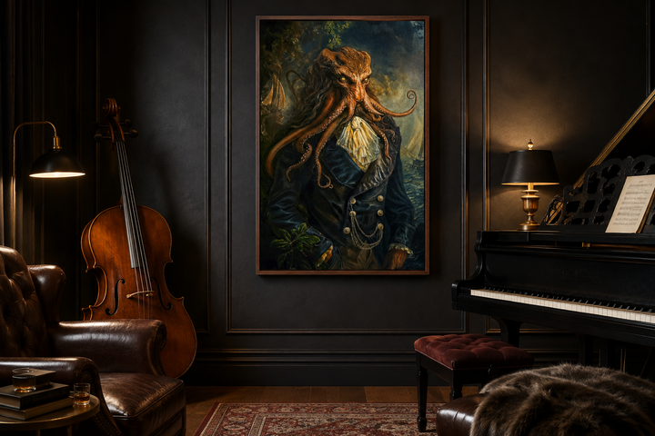 Gothic Victorian Kraken portrait framed canvas wall art in a dark academia music room setting.