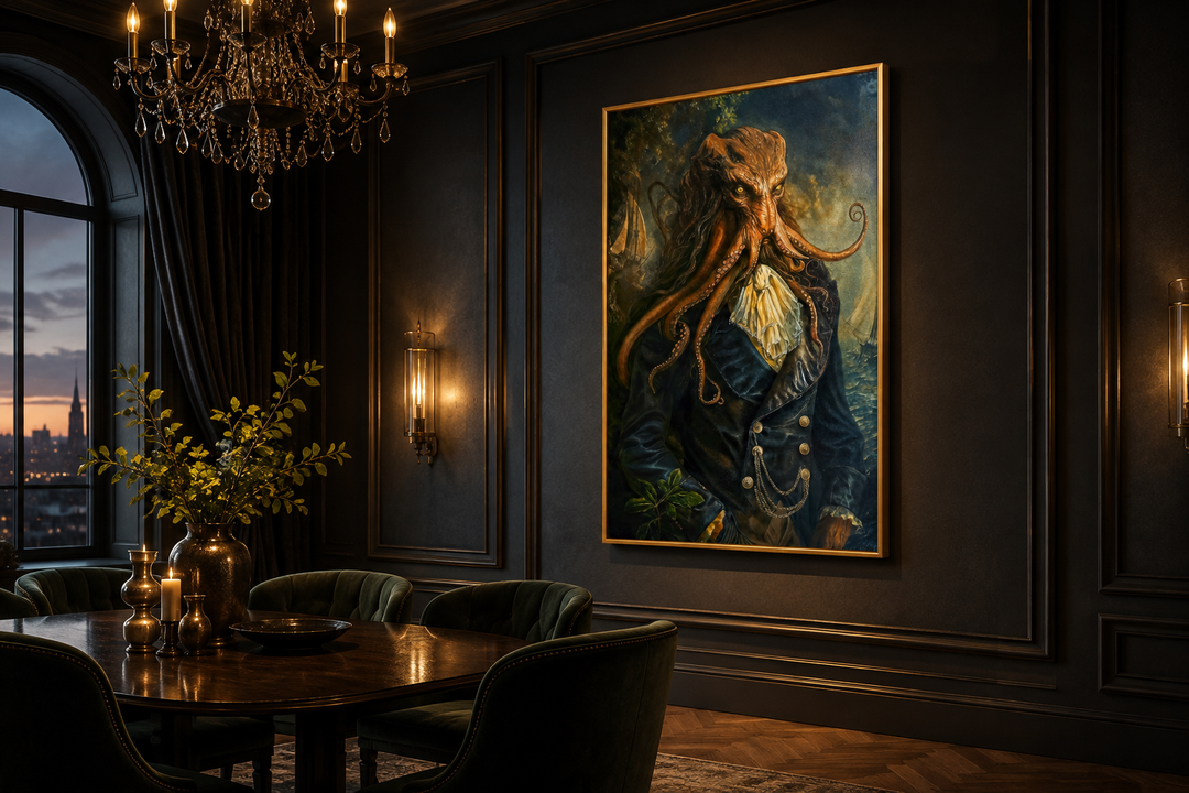 Gothic Victorian Kraken portrait framed canvas wall art in a dark academia dining room setting.