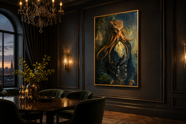 Gothic Victorian Kraken portrait framed canvas wall art in a dark academia dining room setting.