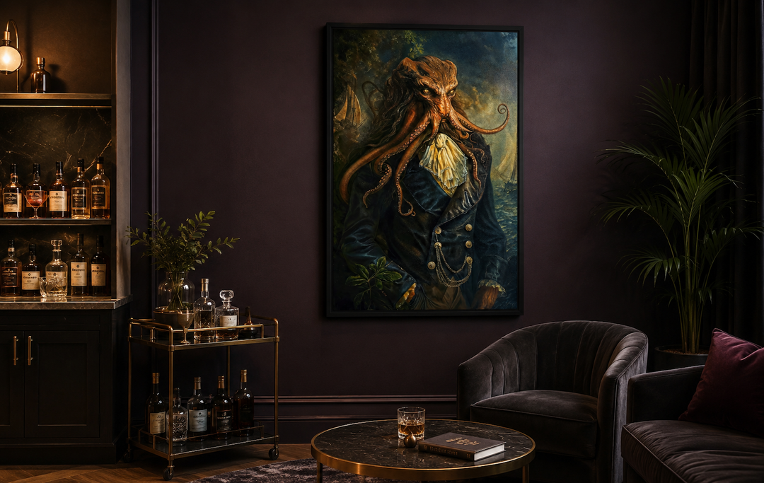 Gothic Victorian Kraken portrait framed canvas wall art in a dark academia style lounge.