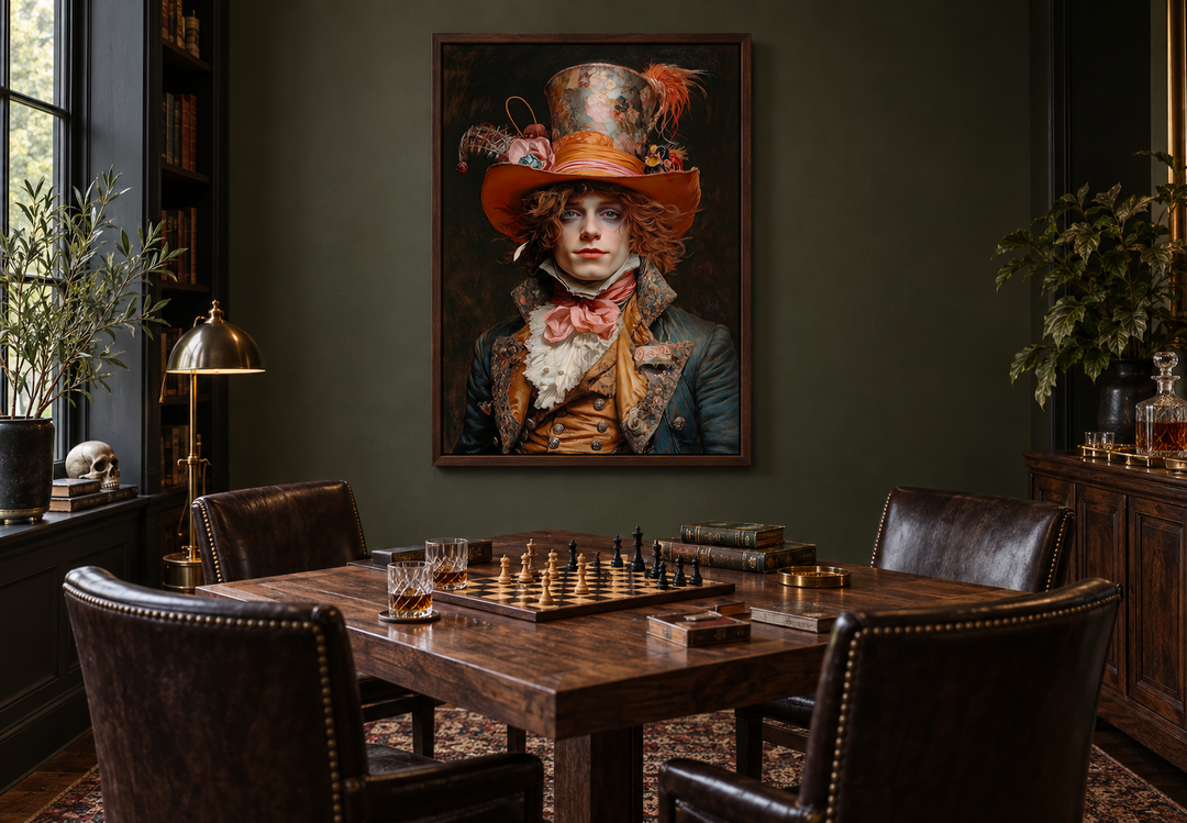 Gothic Mad Hatter framed canvas wall art hanging in a dark academia style library above a chess table