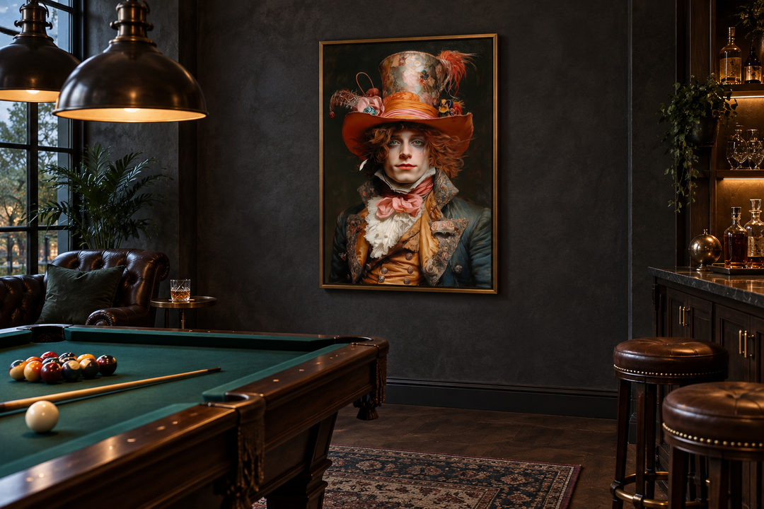 Gothic Mad Hatter framed canvas wall art hanging in a dark library with a pool table.