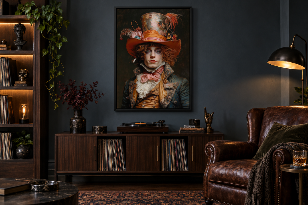 Gothic Mad Hatter framed canvas wall art hanging above a record player in a dark academia library.
